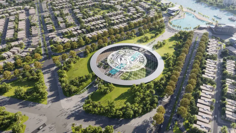 Project marketing aerial of Manchester City Yas Residences, its Training Academy and Yas Canal masterplan.