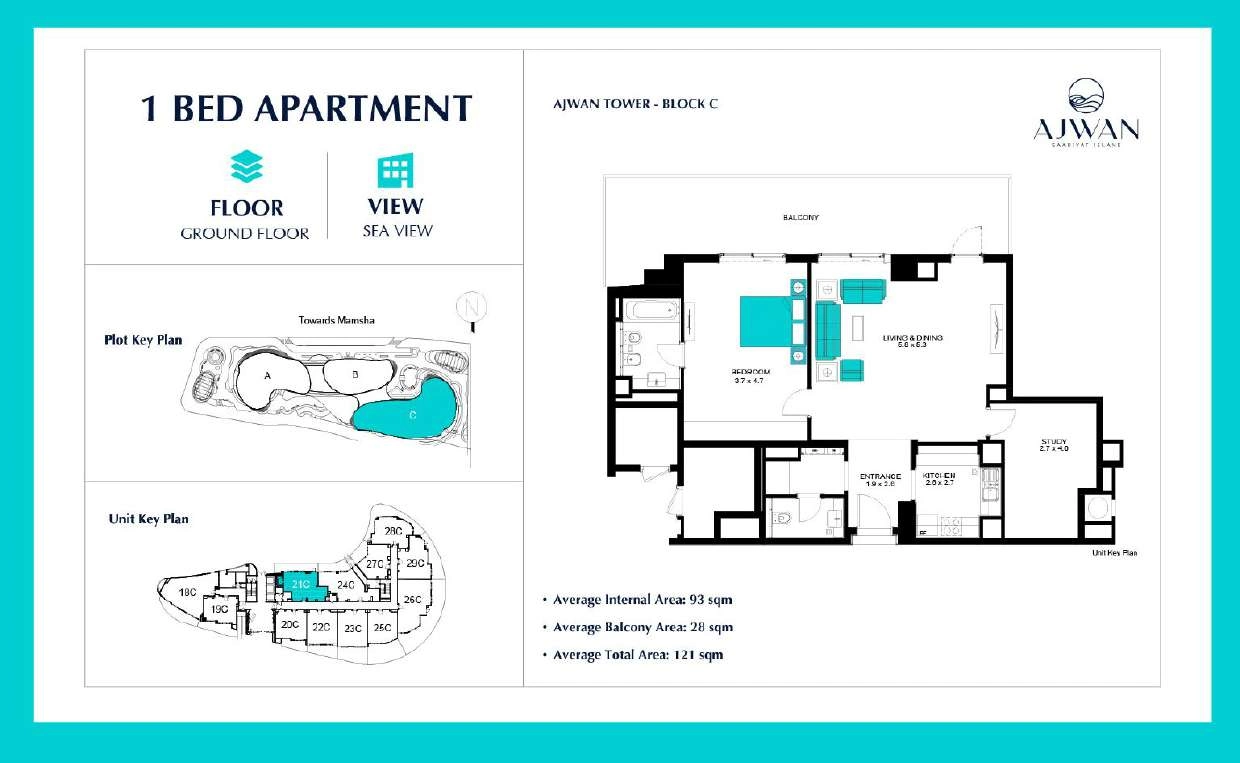 1 bedroom design, position 21C, ground floor in Ajwan Tower Block C