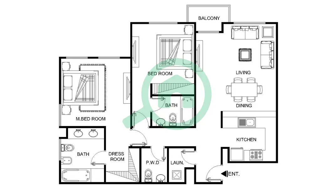 Two bedroom apartment, Type K, complete home illustration