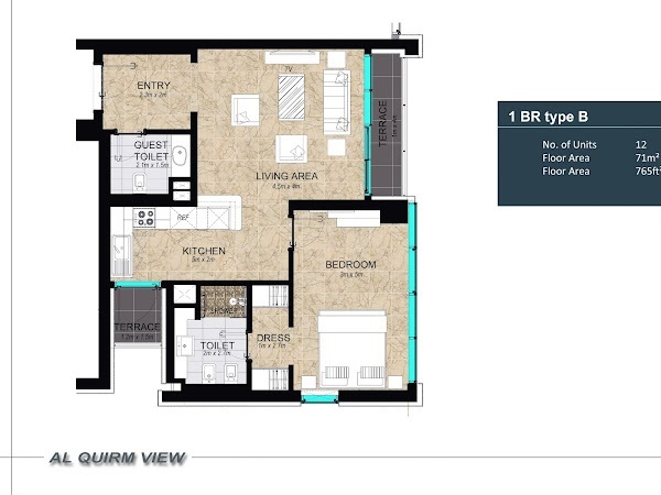 Al Qurm View published one bedroom Type B whole home layout