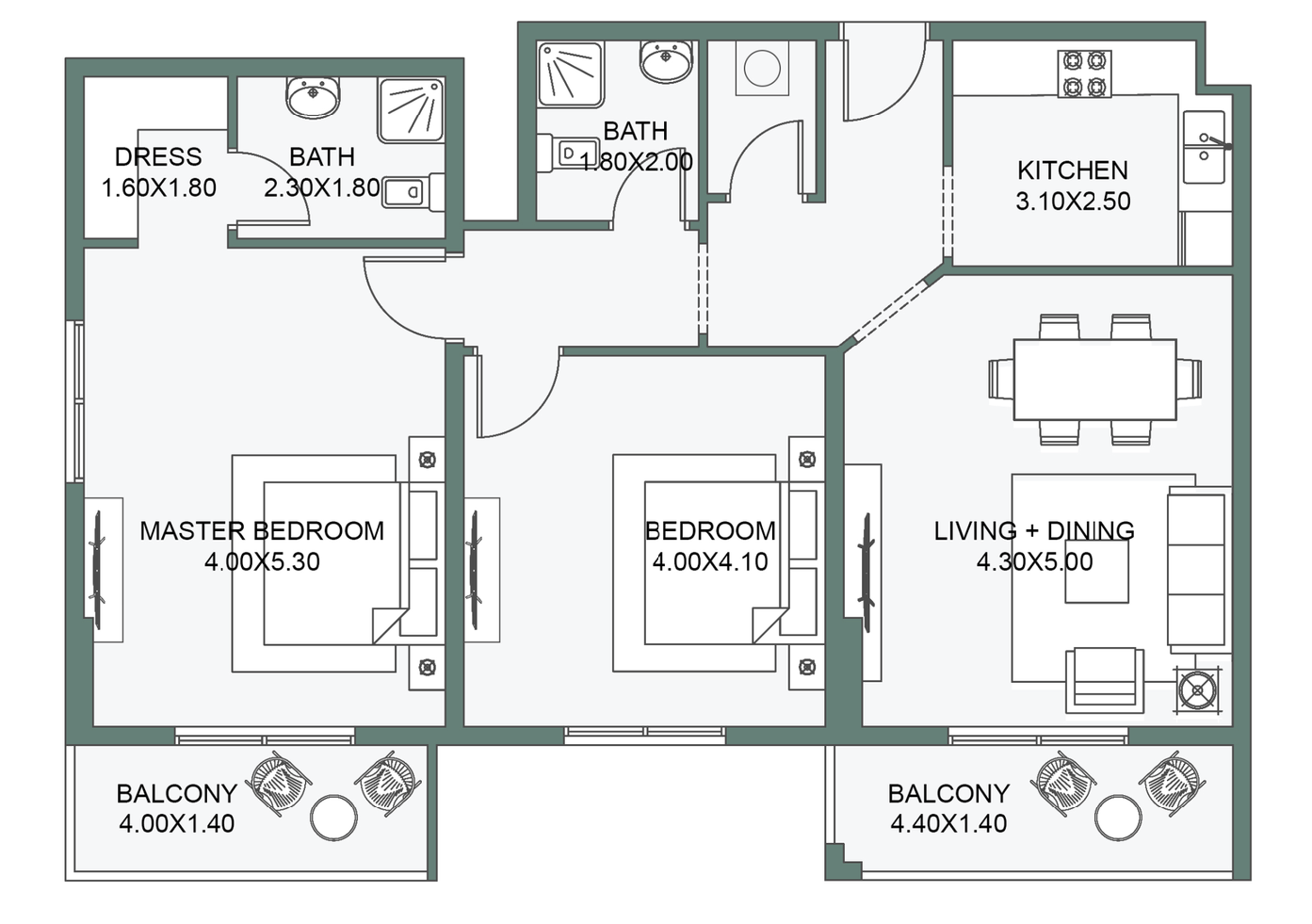 Complete original two bedroom apartment arrangement from the Al Reeman View developer page