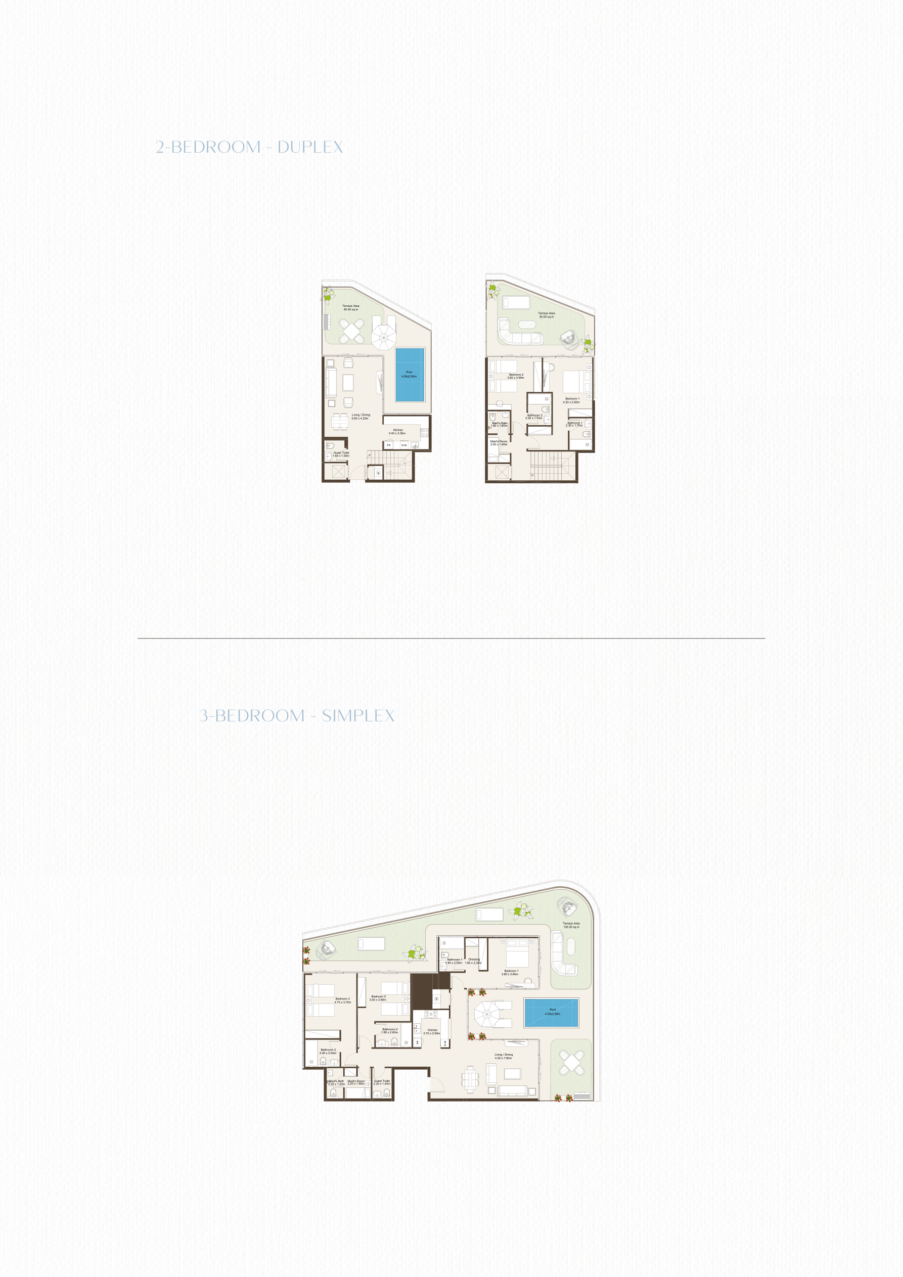 Two bedroom duplex and three bedroom apartment complete original developer home drawings with all levels