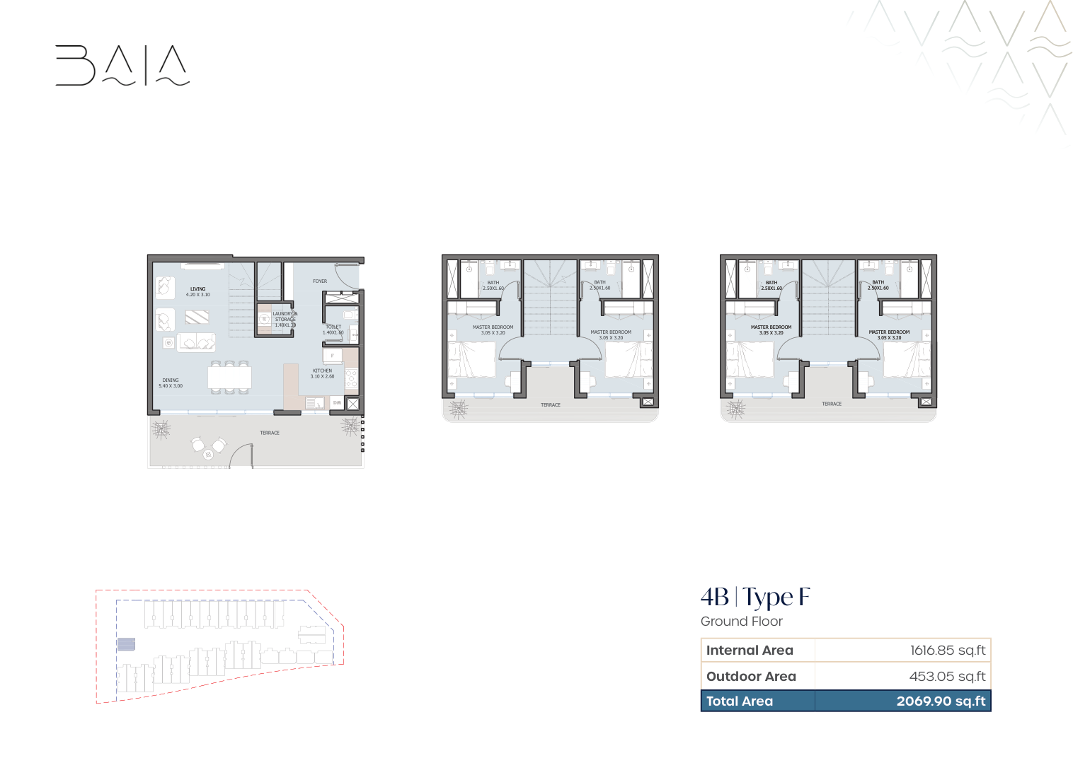 Baia Four Bedroom Type F complete original home layout with all three levels and area table