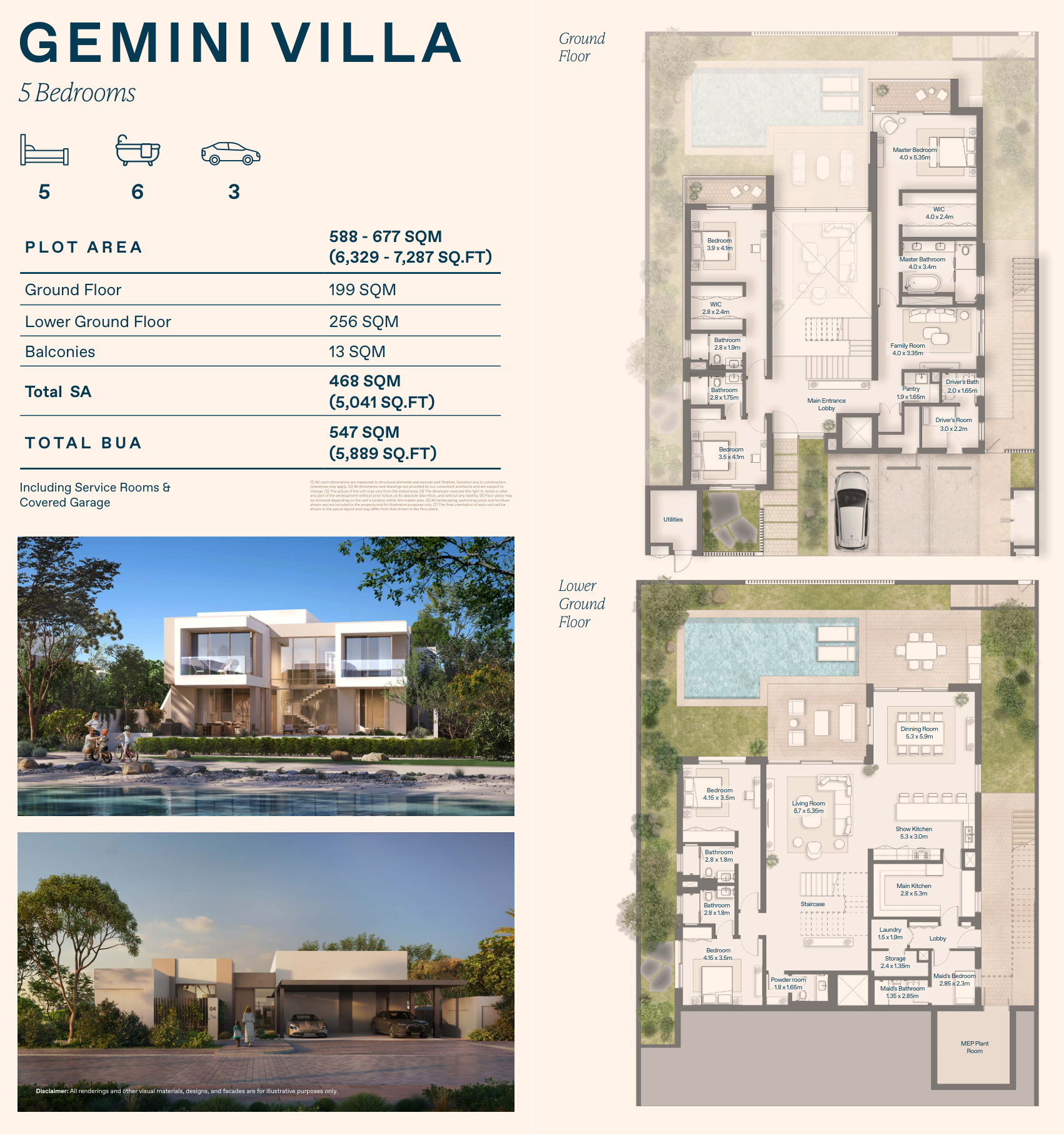 Bayn Lagoon original Gemini 5 bedroom villa full design with all levels, separate area table and disclaimer