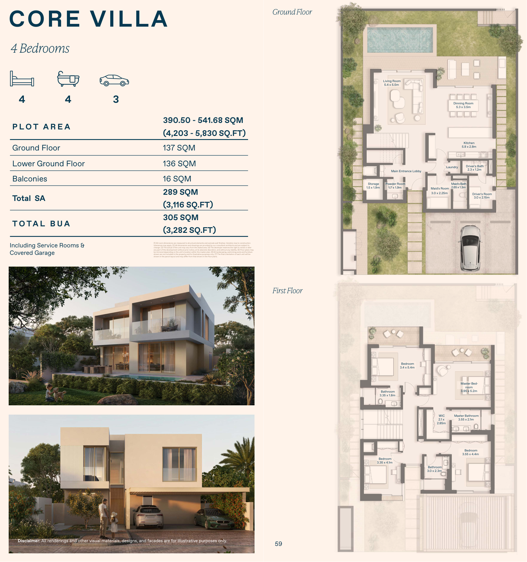 Complete original Core four bedroom typical villa design, both floors, original area table and notices