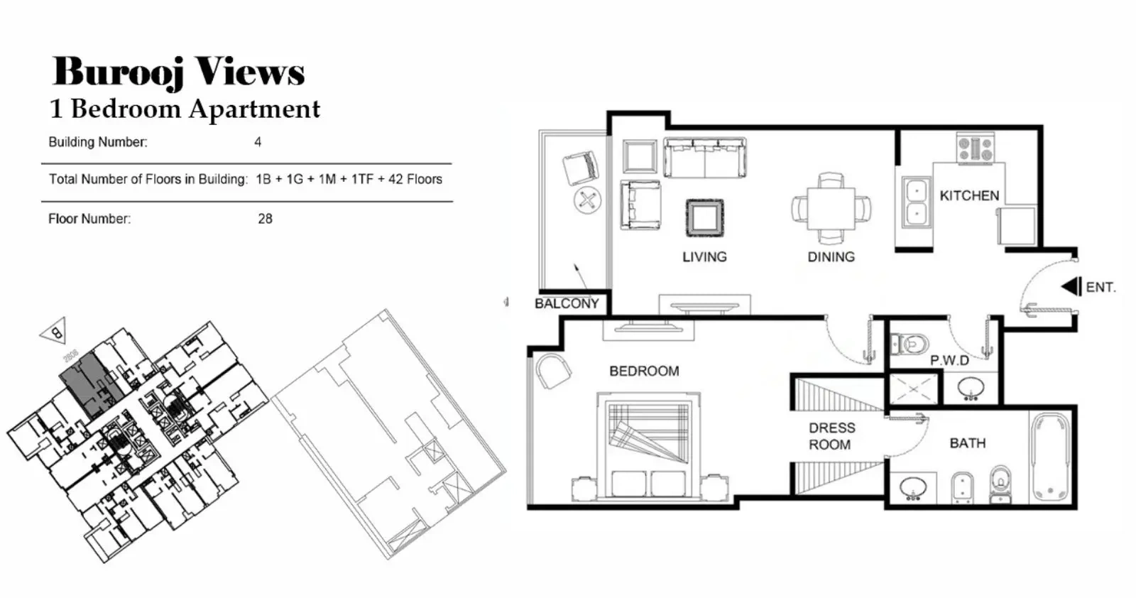 One bedroom apartment, floor 28 example complete original drawing