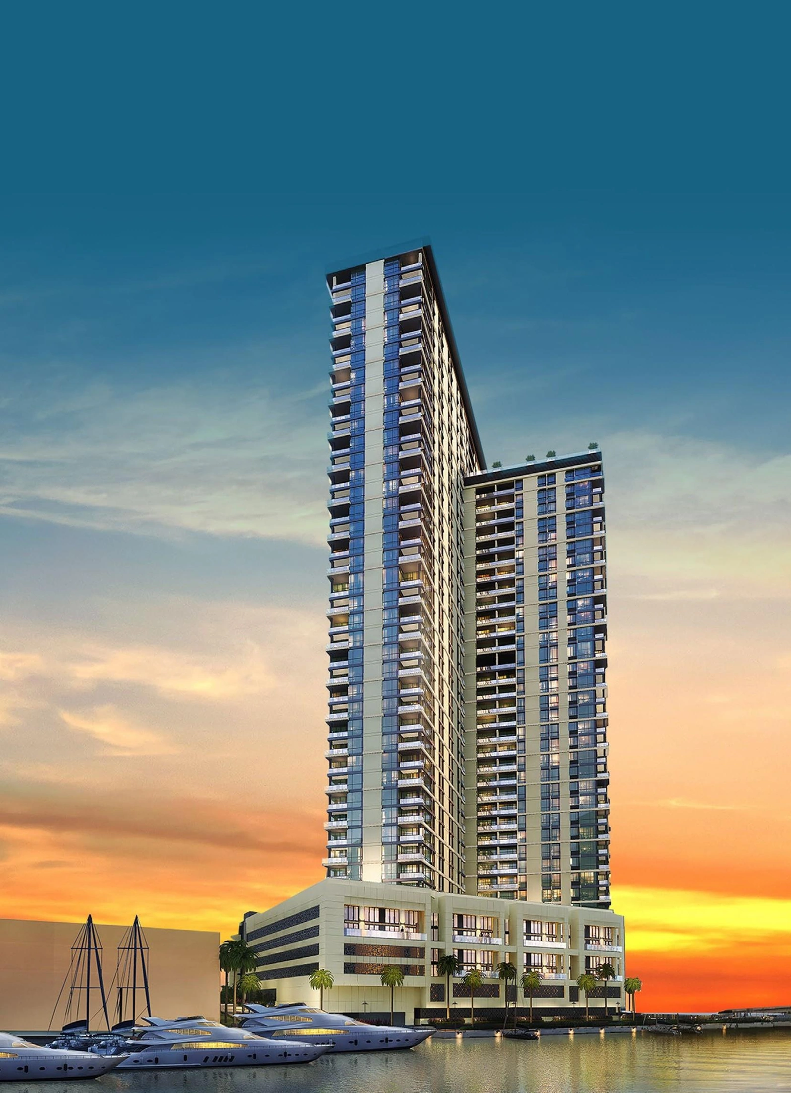 Original Canal Residence project imagery showing waterfront tower