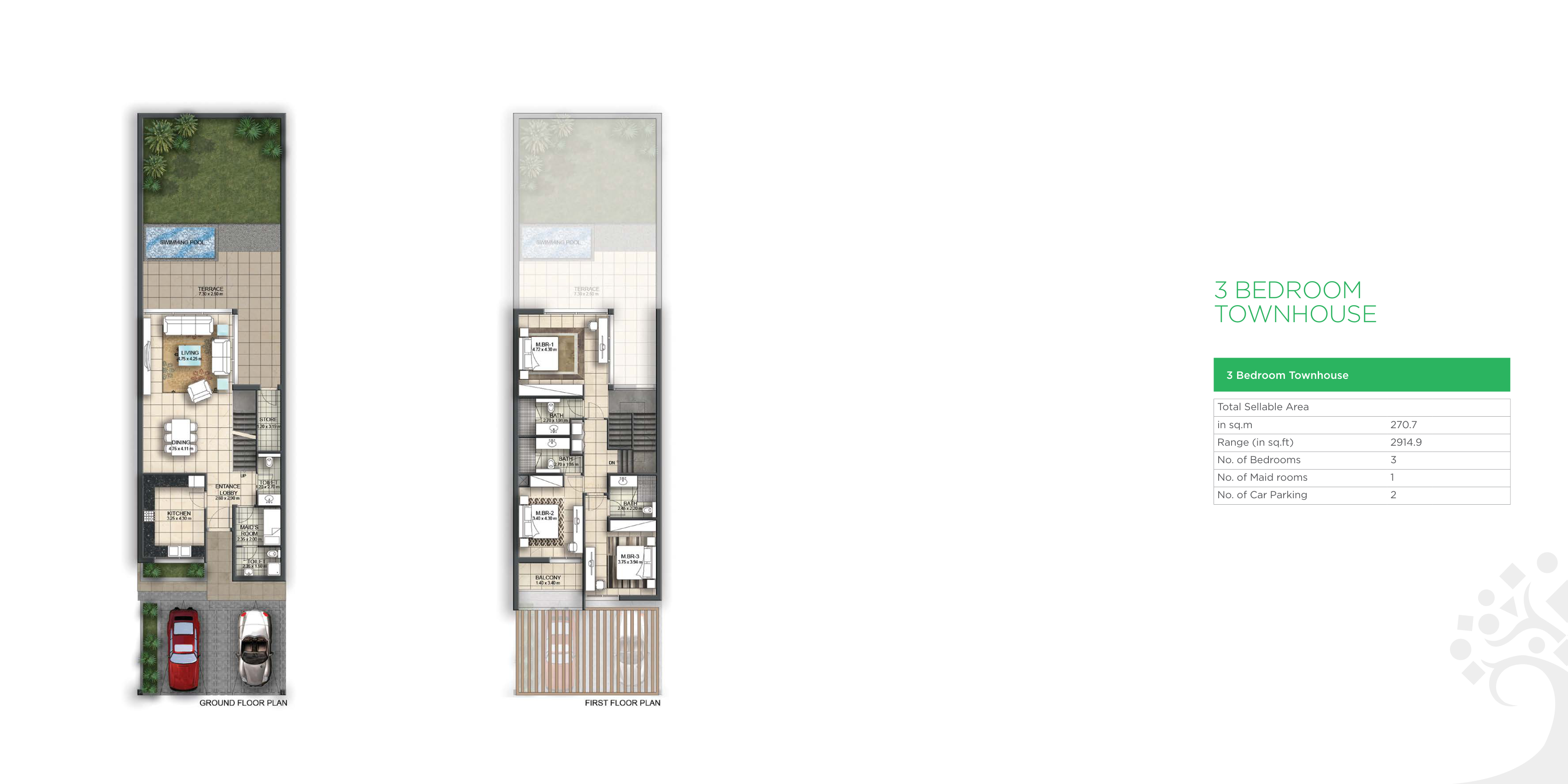Three bedroom townhouse original complete floor plans and area table
