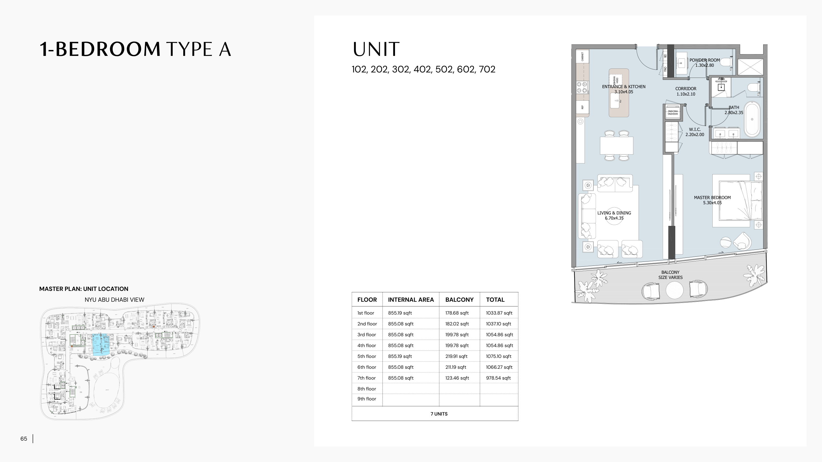 Complete original one bedroom Type A with seven floor area rows