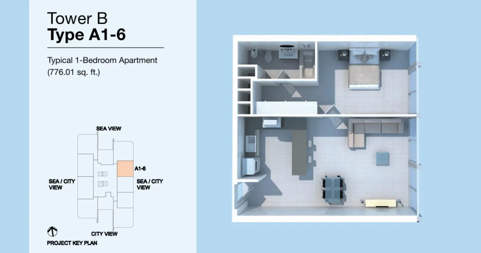 Horizon Towers Tower B Type A1-6 complete original apartment layout with orientation and printed area