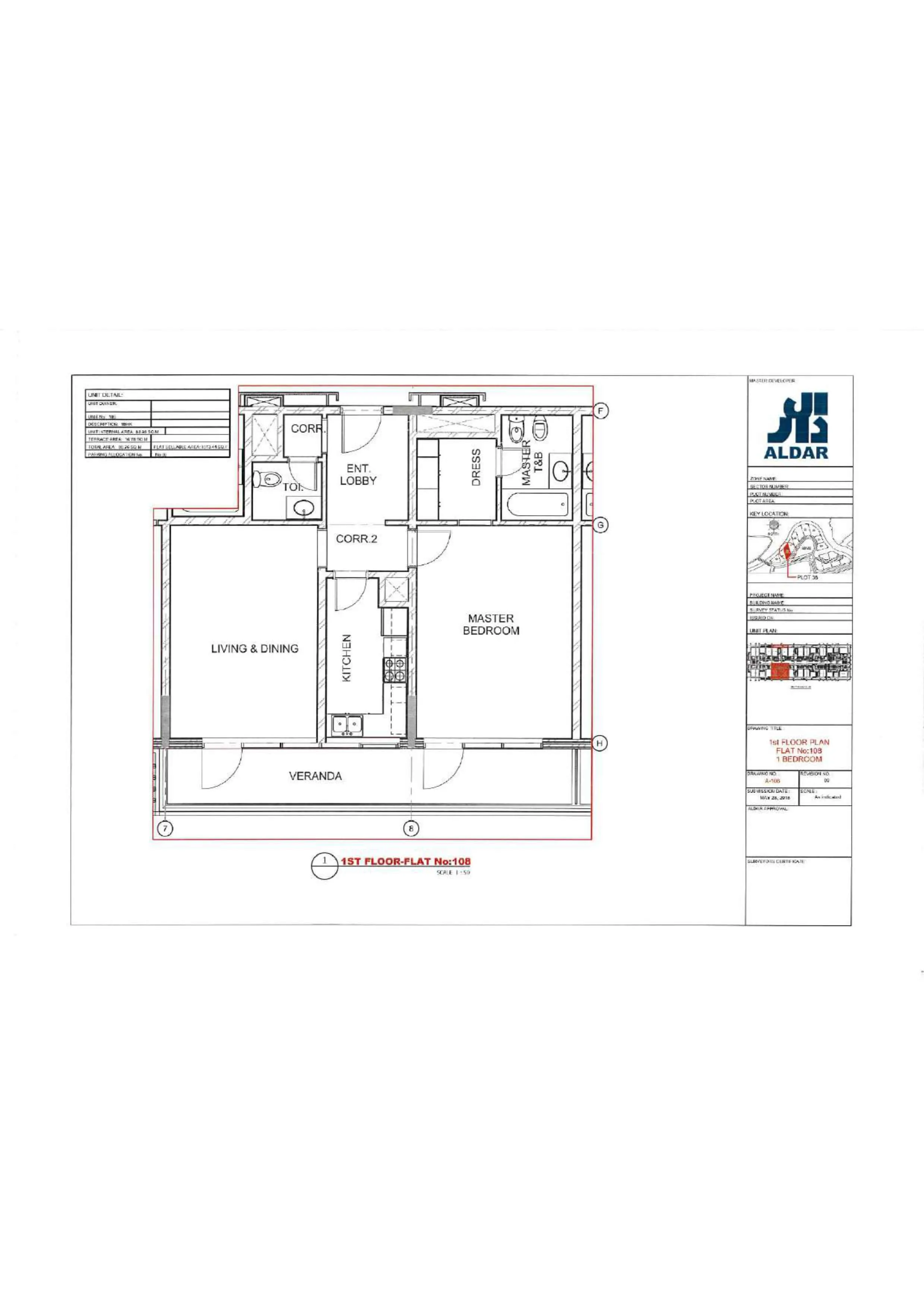 Complete original first floor Flat 108, 1 bedroom apartment drawing, plot38 RBW2, all original tables and notices retained