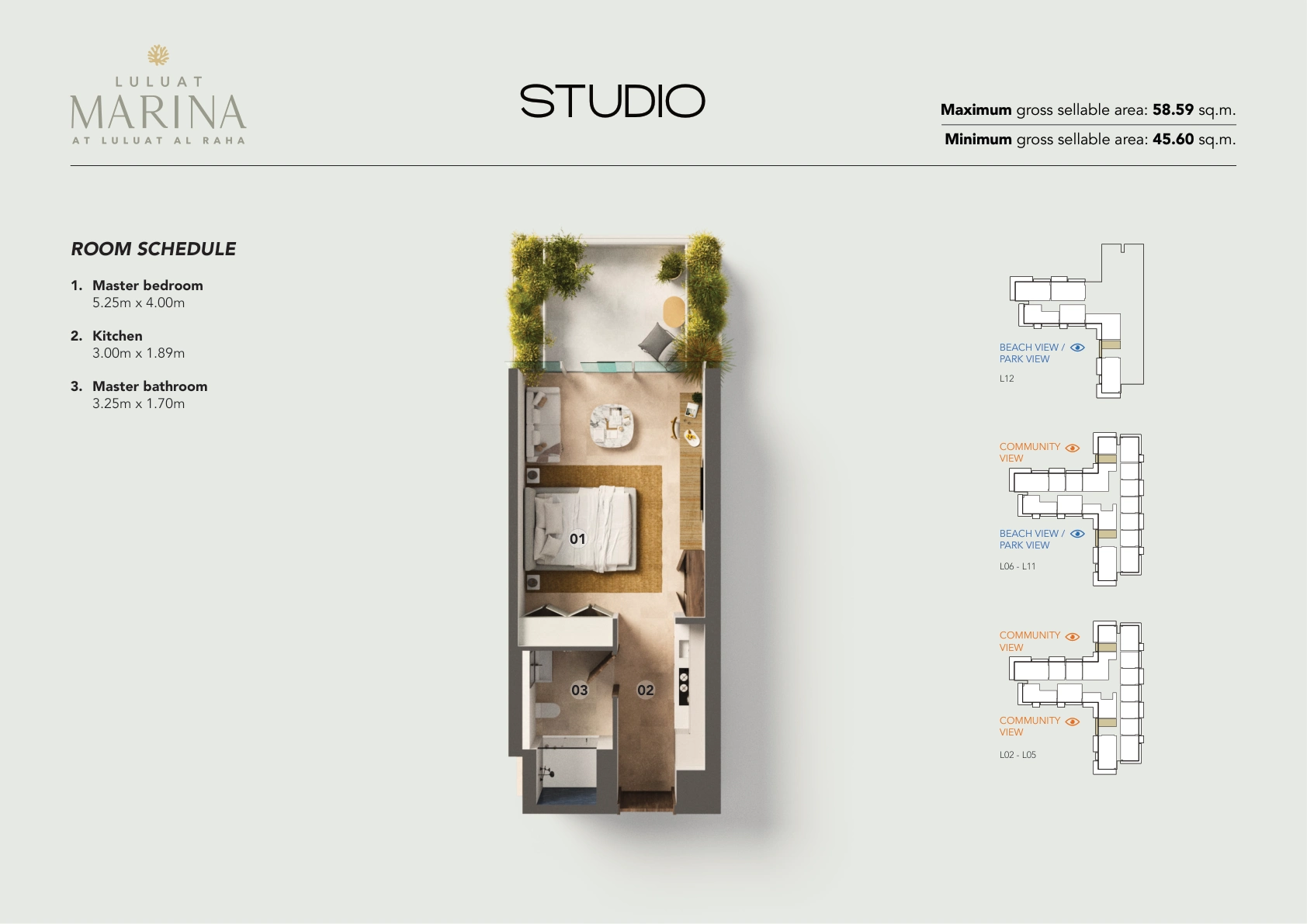 Luluat Marina Studio apartment complete original design panel and gross sellable area schedule
