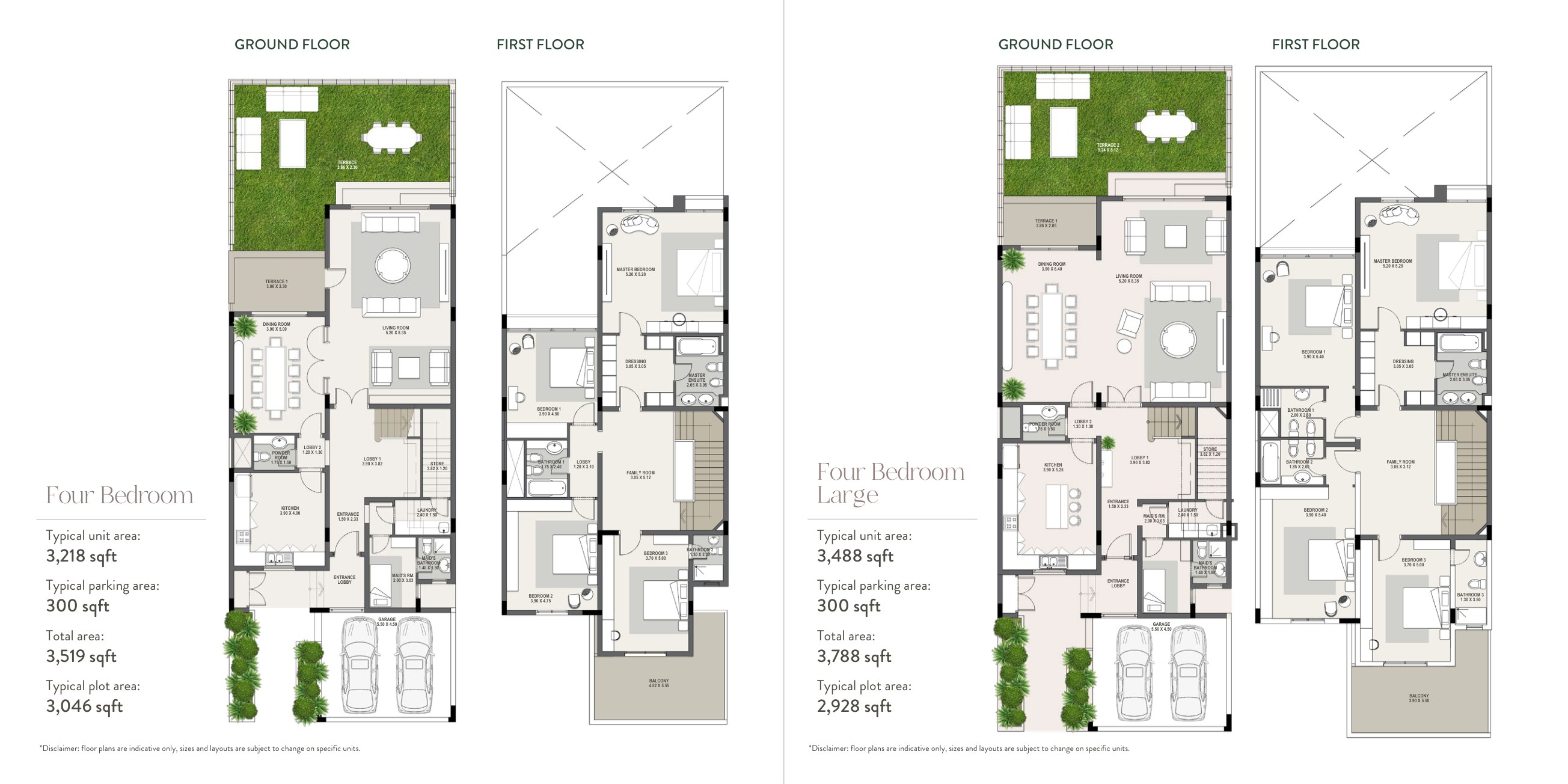 Four bedroom standard and large villas complete ground and first floor drawings with original area labels and disclaimer
