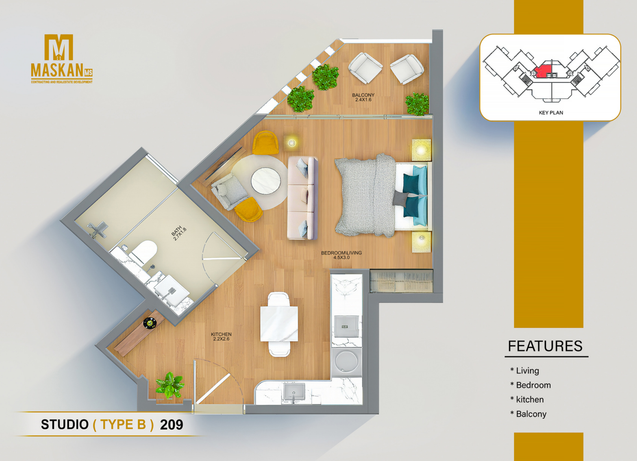 Studio Type B, Unit209, complete original developer home design