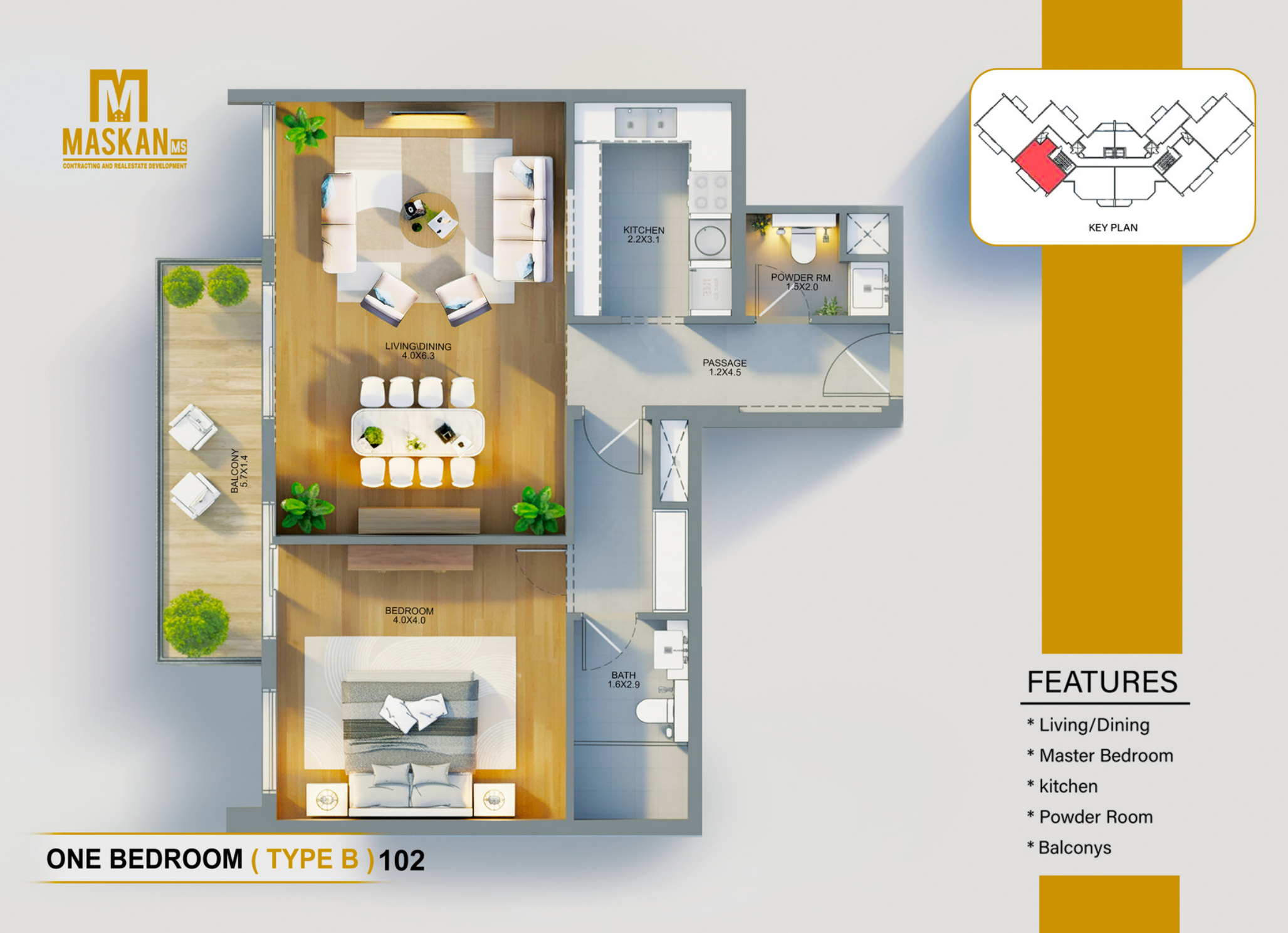 One bedroom Type B, Unit102, complete original developer home design