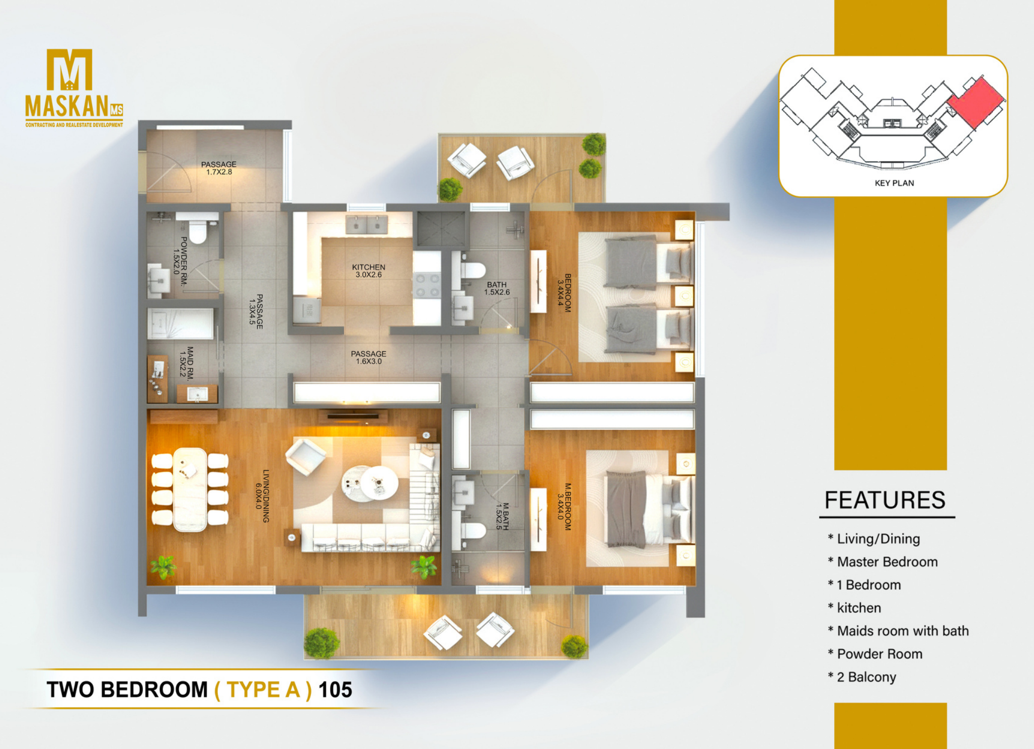 Two bedroom Type A, Unit105, complete original developer home design