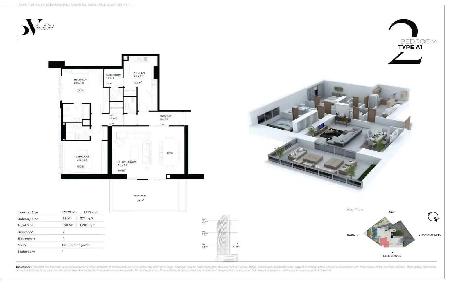 Complete original Park View Mesab Type A1, 2 bedroom apartment, original room labels area table keyplan and notices retained