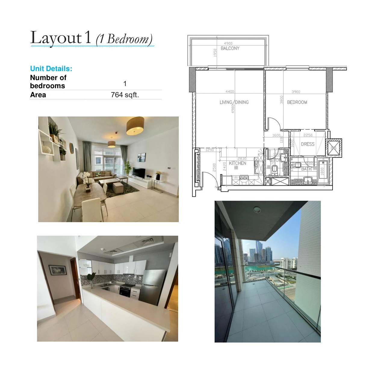 1 bedroom, Layout 1, complete original sheet, 764 sqft