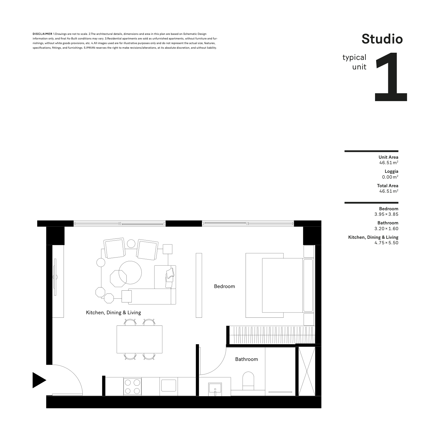 Studio Typical Unit 1 with complete original geometry, printed area table and developer disclaimer