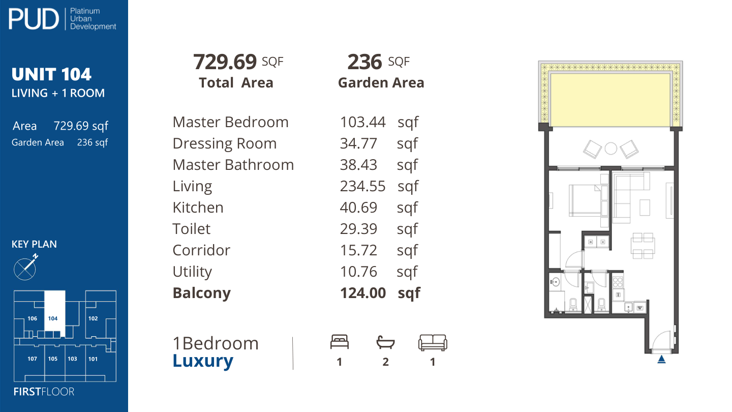 One bedroom Luxury, Unit 104, complete original home sheet