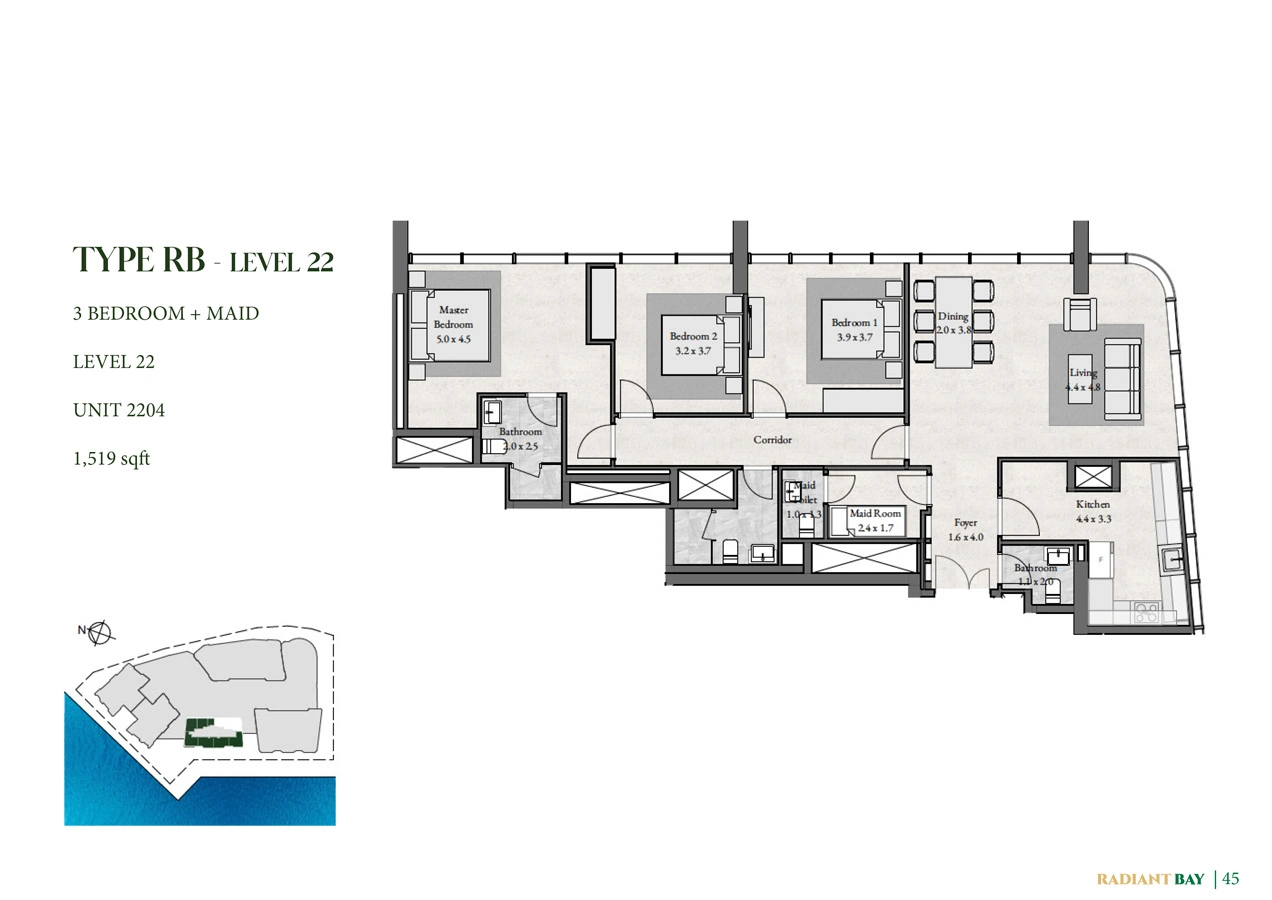 3 bedroom with maid · 1519 sq ft · Level 22