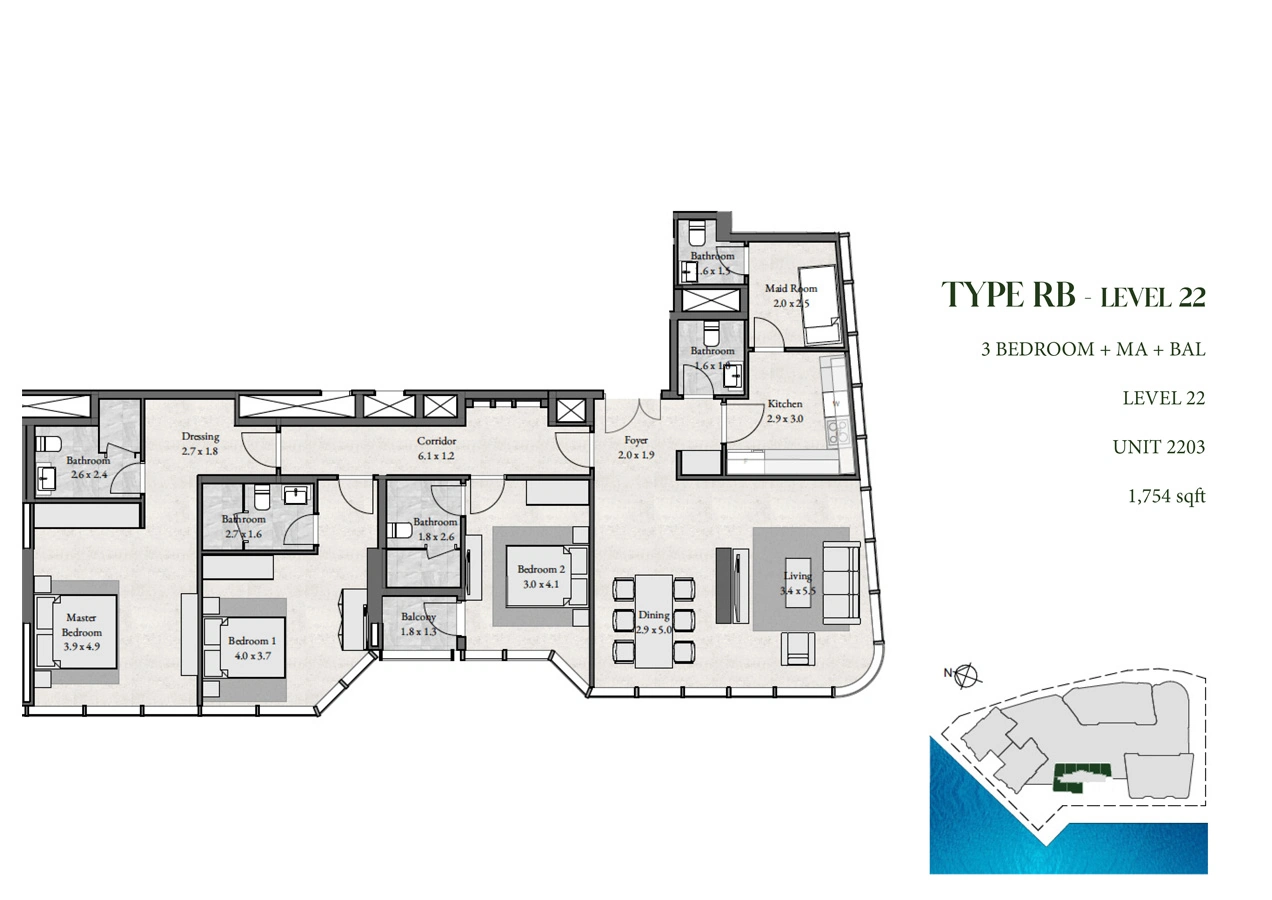 3 bedroom with maid · 1754 sq ft · Level 22