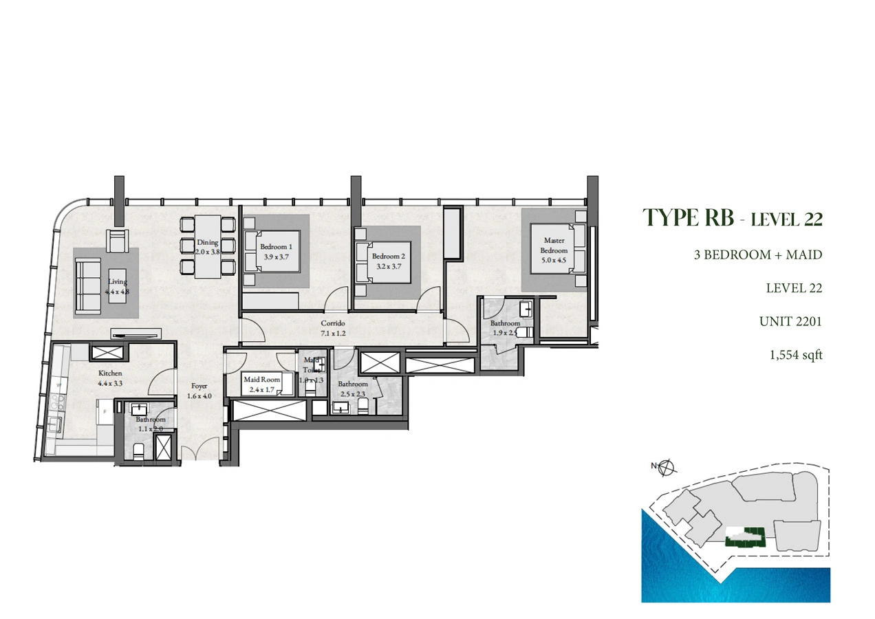 3 bedroom with maid · 1554 sq ft · Level 22