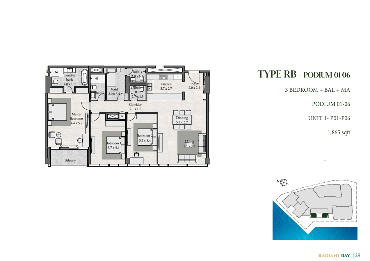 3 bedroom with maid · 1865 sq ft · Podium 1-6