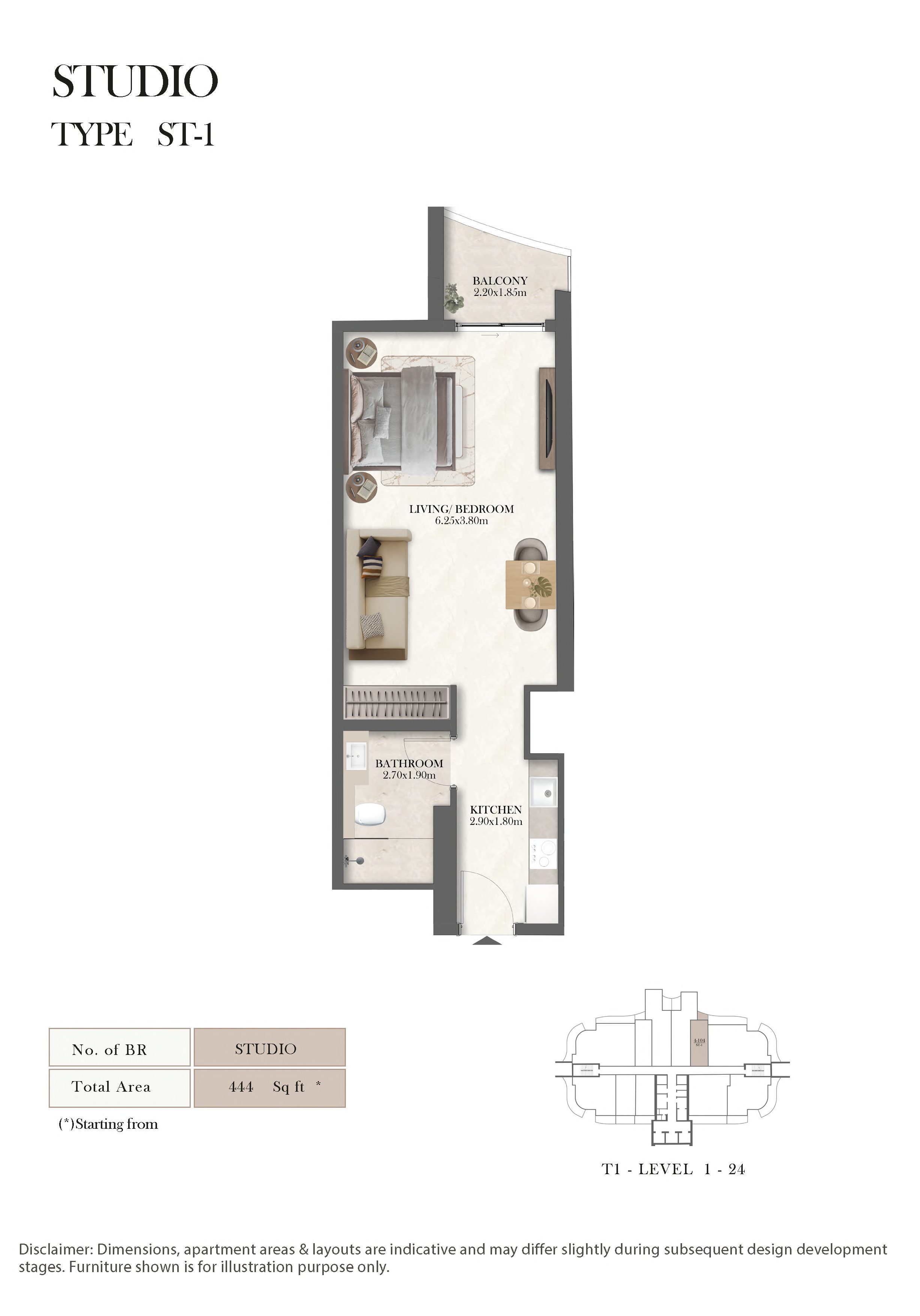Radisson Residences original Studio apartment ST-1, Tower 1 full original home sheet with source area and position markers