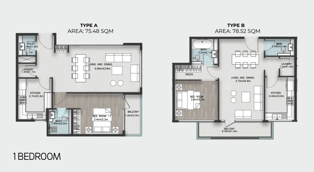 One bedroom Types A and B, complete developer sheet