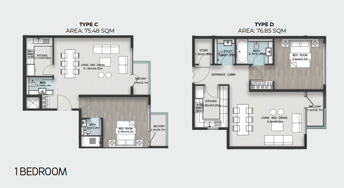 One bedroom Types C and D, complete developer sheet