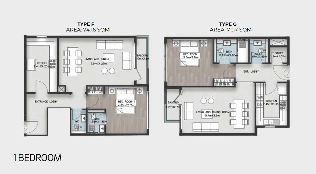One bedroom Types F and G, complete developer sheet
