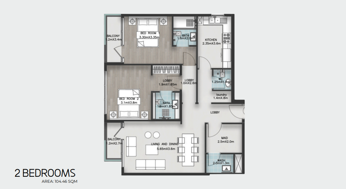 Two bedroom with maid room, complete developer sheet