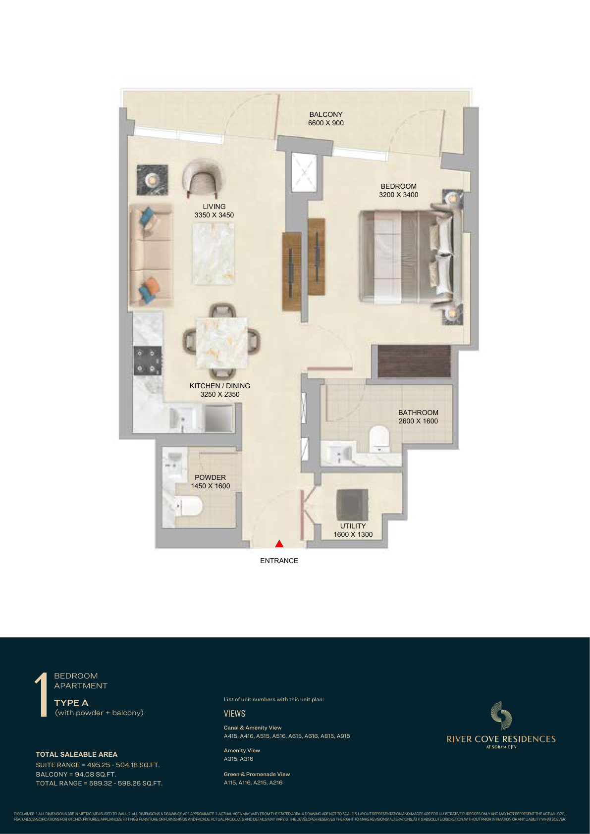 River Cove Residences at Sobha City 1 bedroom apartment, Tower A Type A