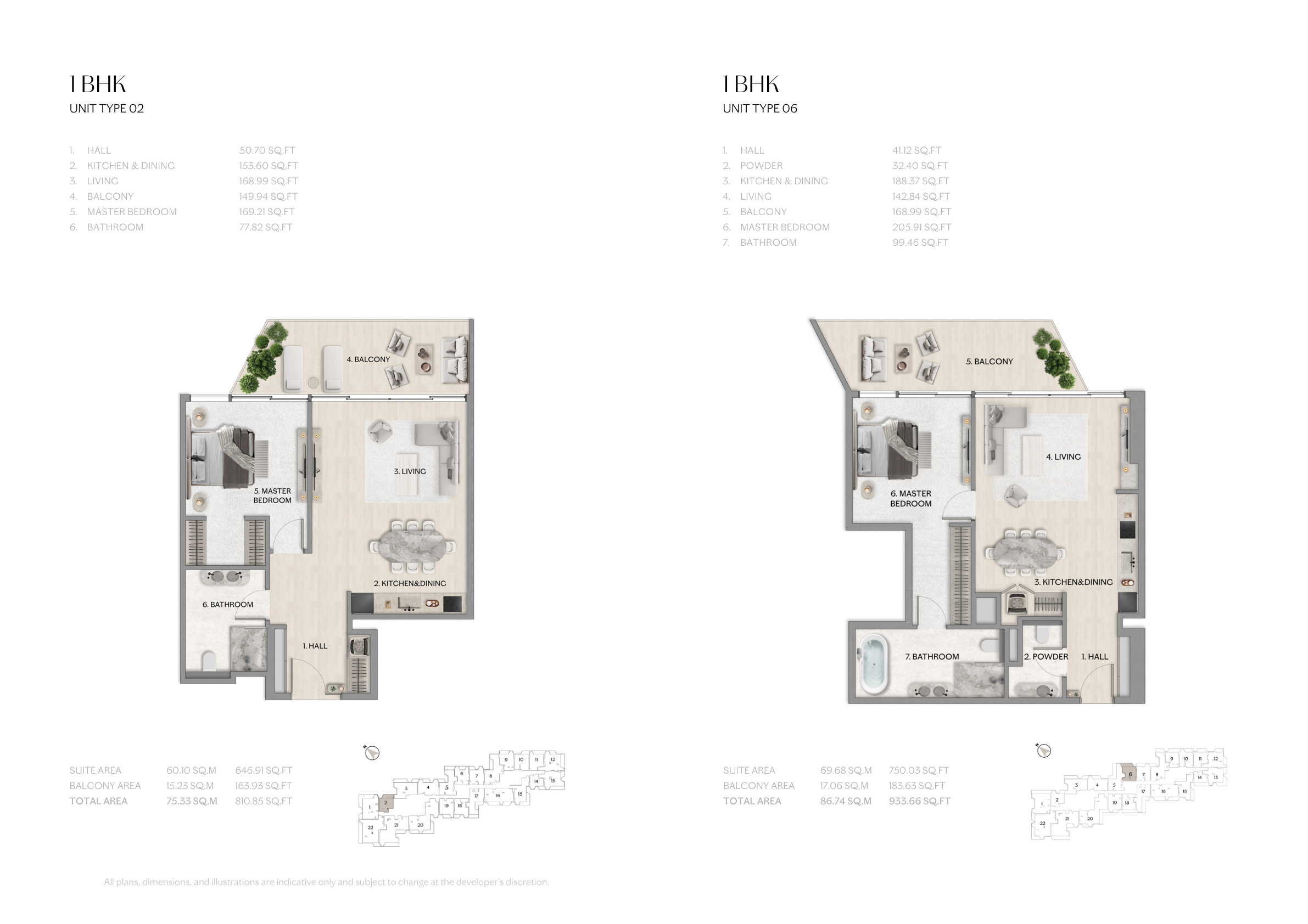 Riviera complete original developer home layout page: 1 bedroom Type 02 and 1 bedroom Type 06