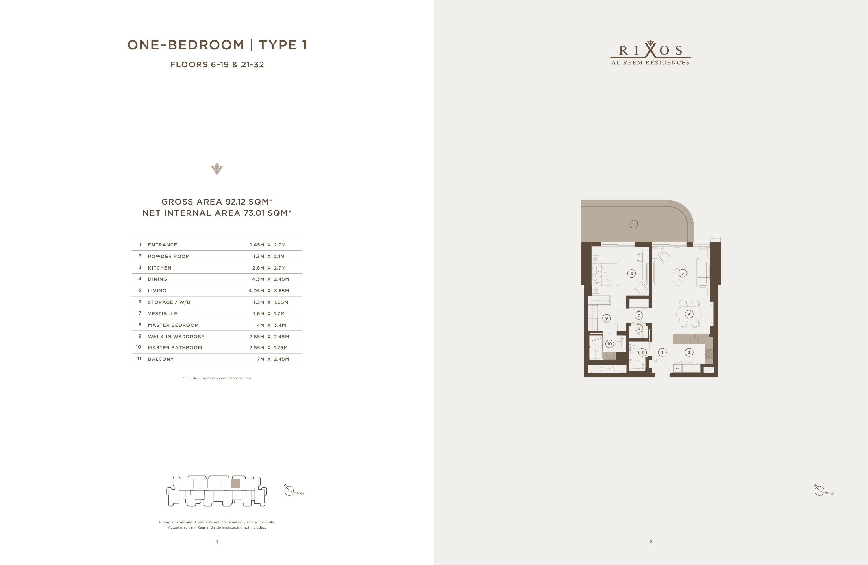 Rixos Al Reem Residences 1 bedroom apartment, type 1, 92.12 sq m gross