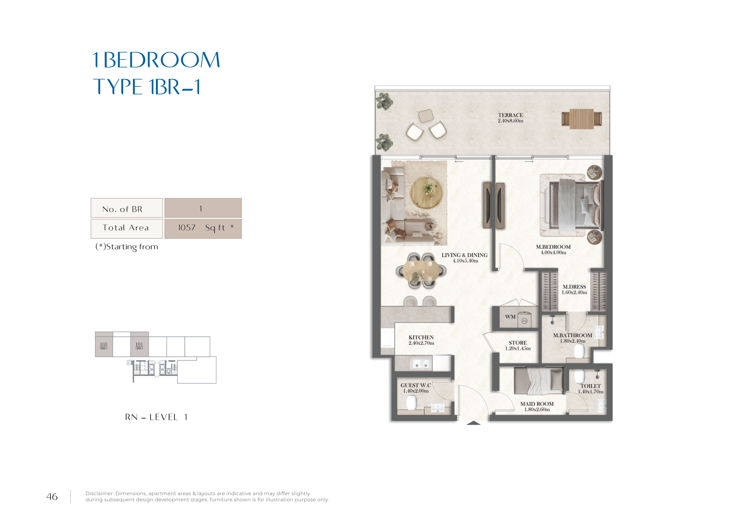 Rotana Residences North Tower 1 bedroom apartment, Type 1BR-1
