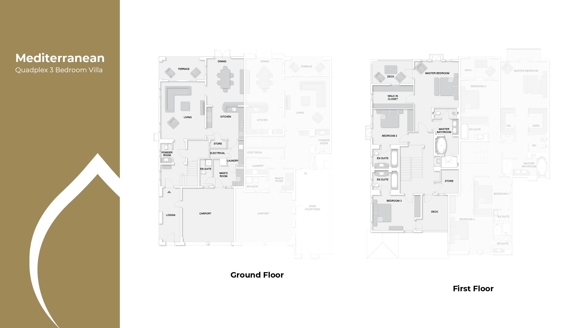 Mediterranean Quadplex, three bedrooms original complete ground and first floor drawing