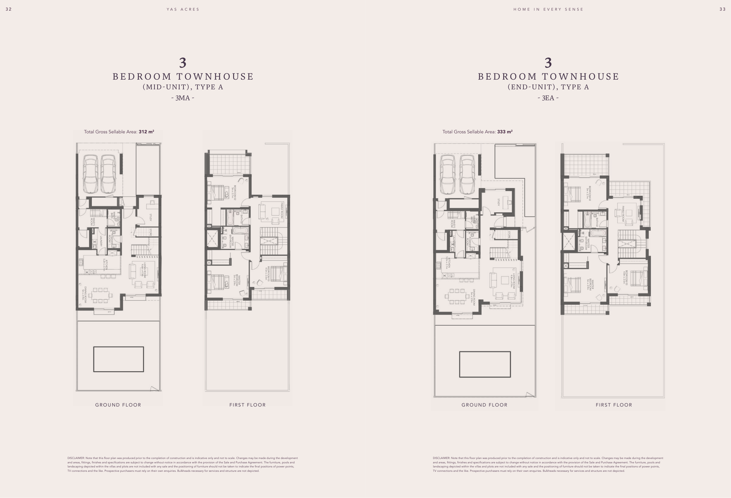 Three bedroom townhouses, Type A, mid and end homes