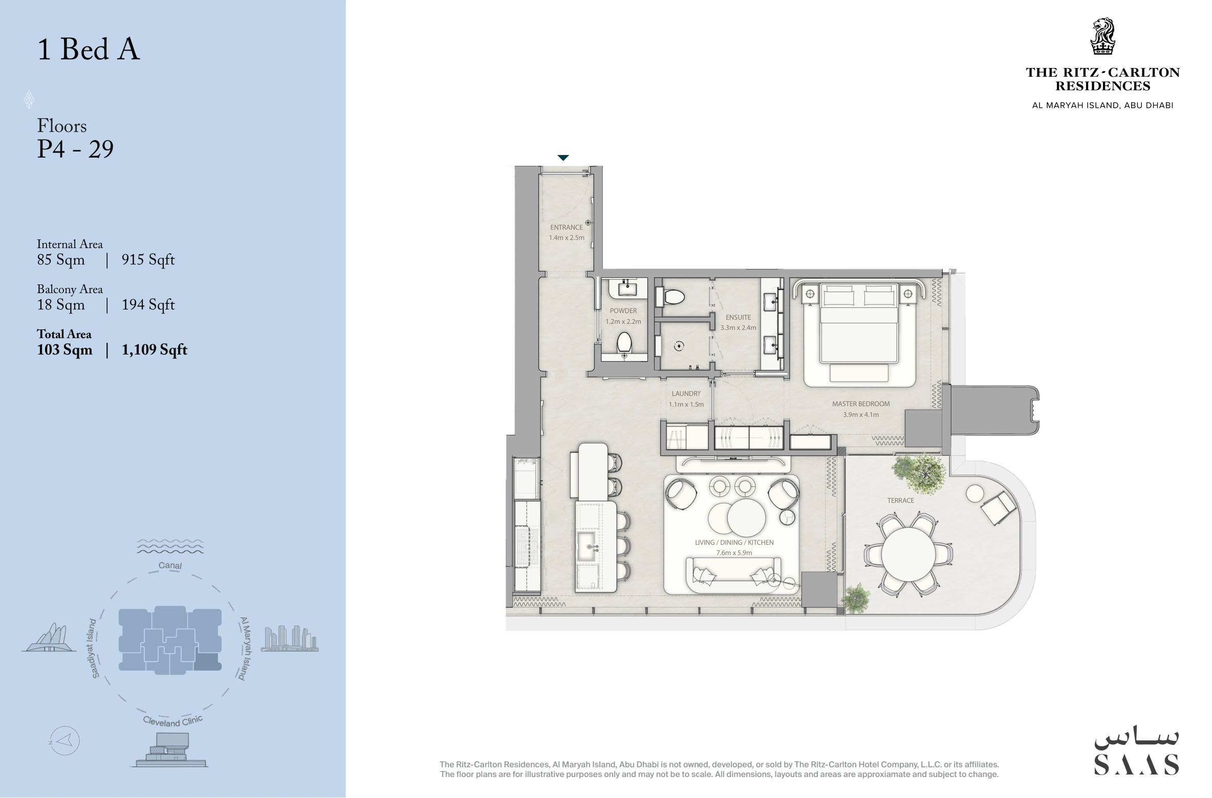 The Ritz-Carlton Residences, Al Maryah Island 1 bedroom apartment Type A complete original home drawing