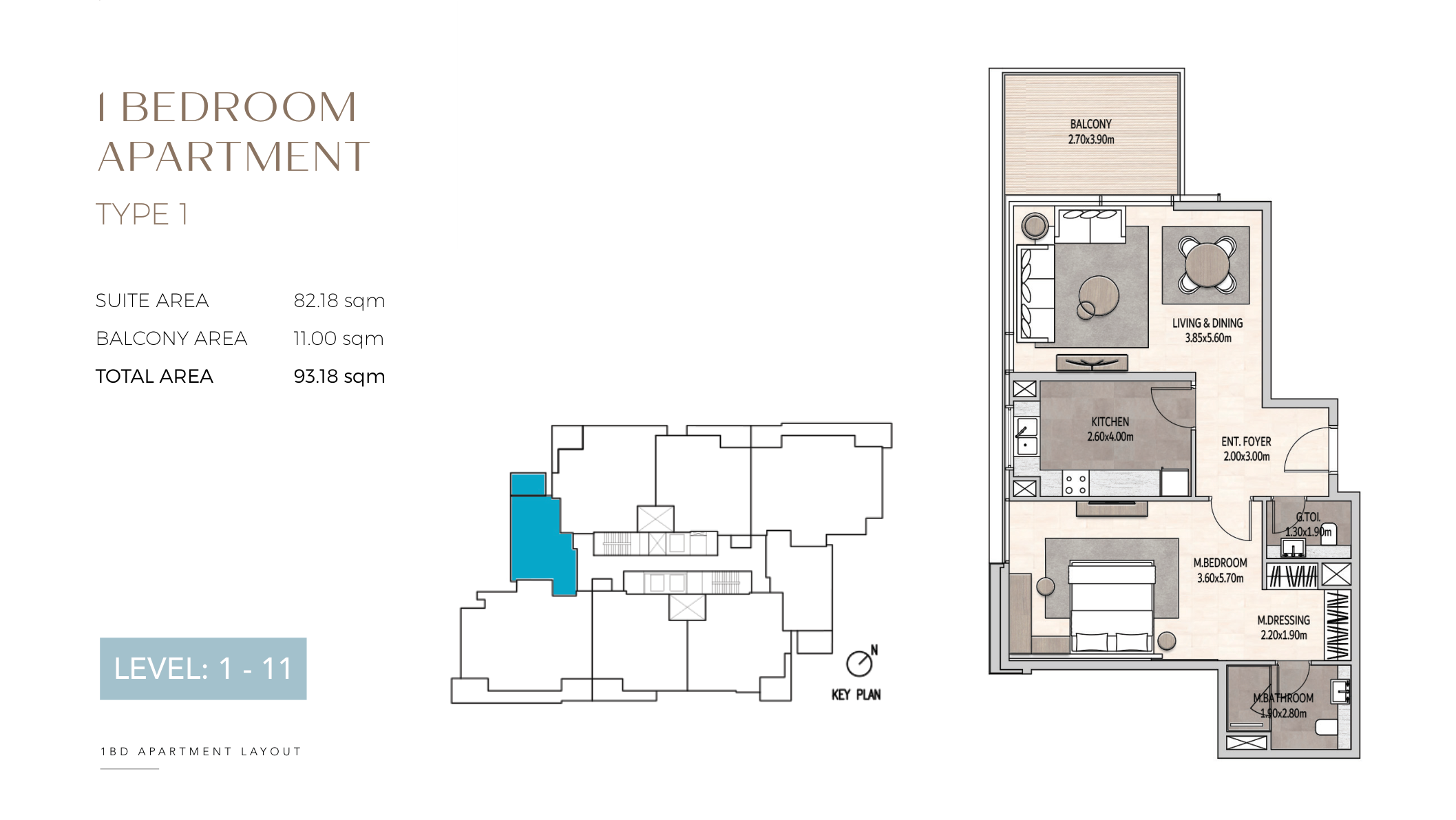 Vista Del Mar 1 bedroom apartment, Type 1 complete original drawing and separate suite, outdoor and total area table