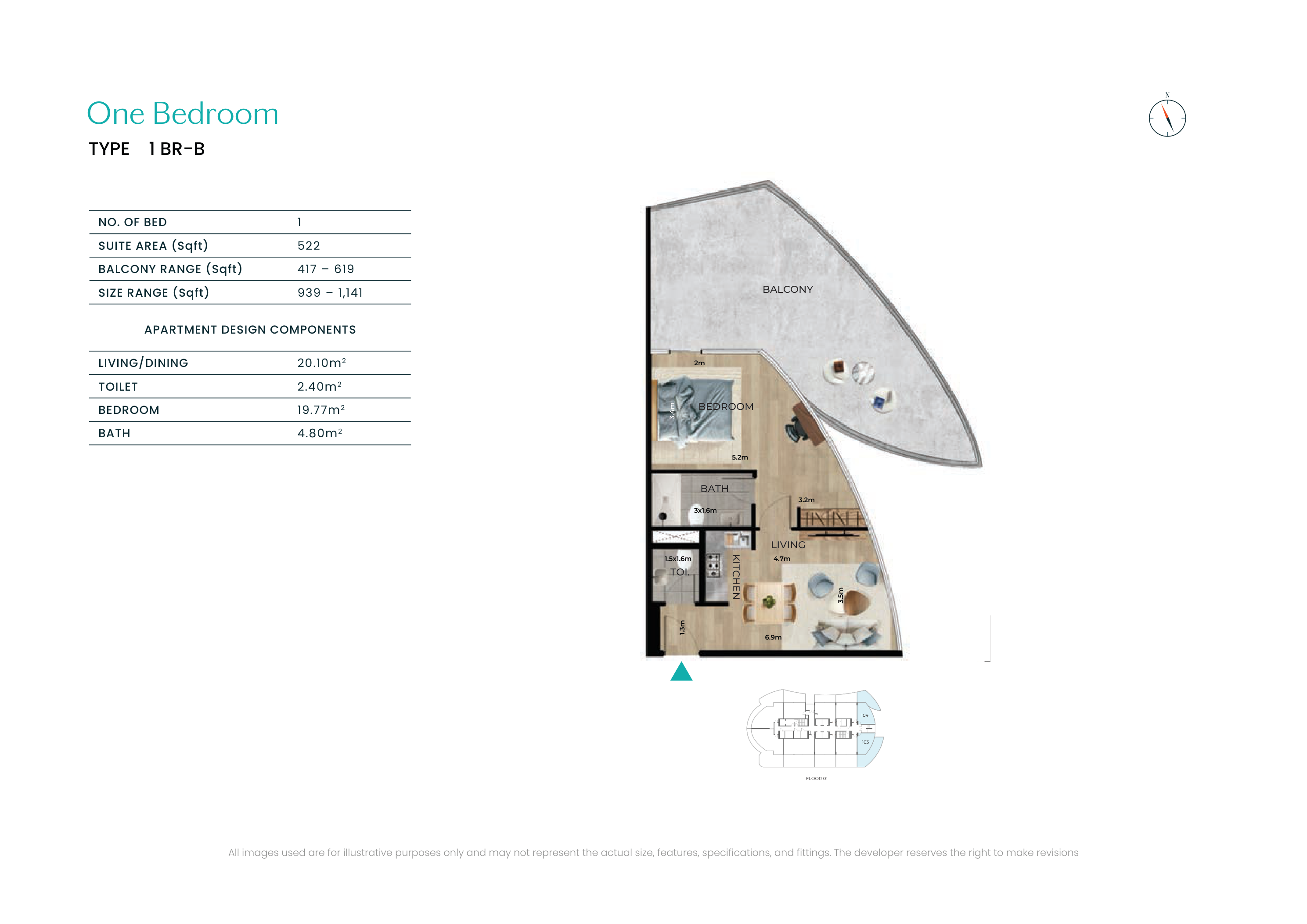 Complete original One Bedroom Type B home, with entry, living and dining, kitchen, bedroom, bath, toilet and balcony, plus its printed area table.